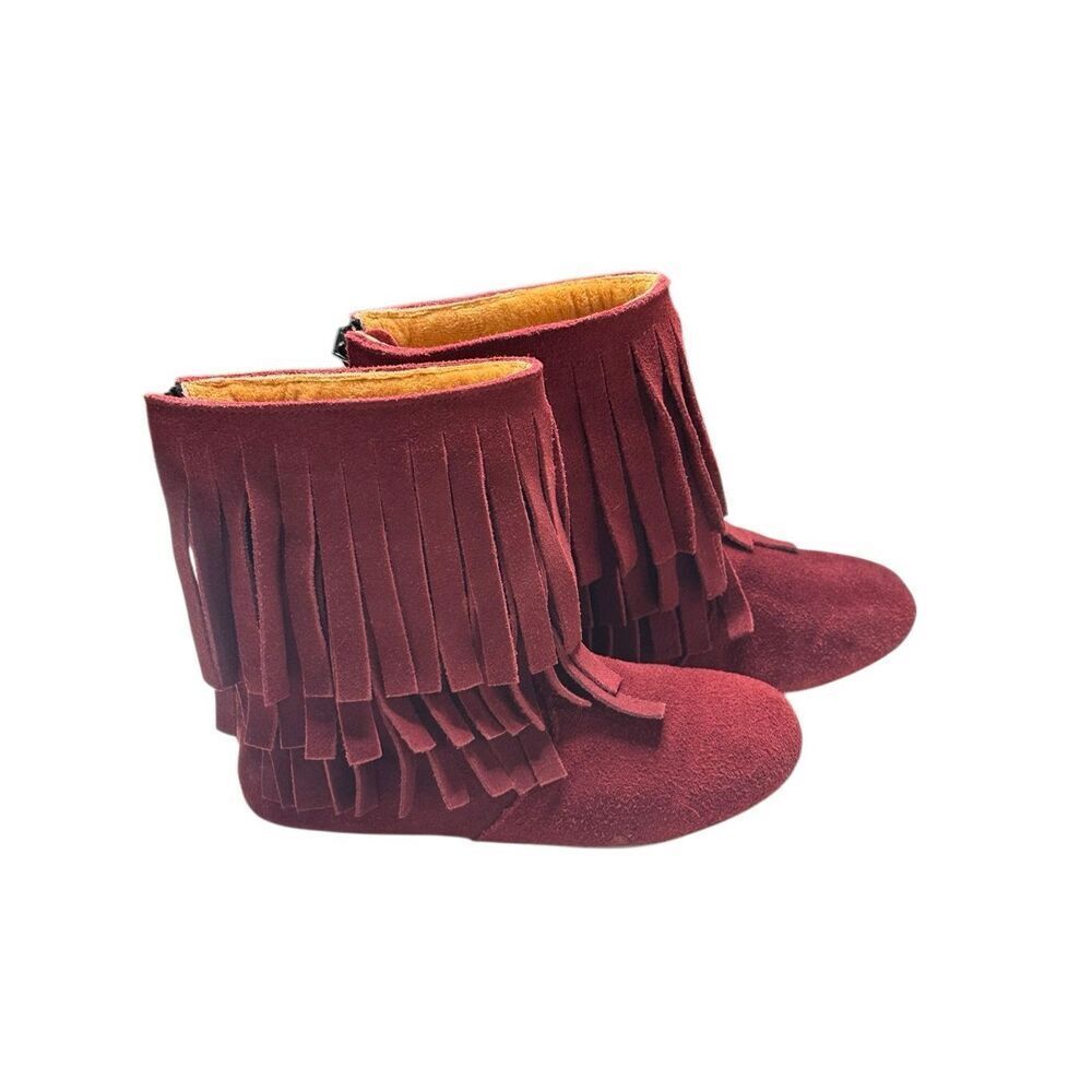 Monkey Feet Girls Burgundy Zip Up Suede Double Fringe Boots Size 5-6Y